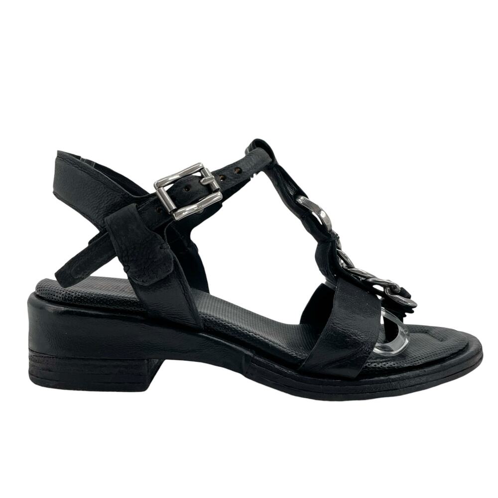 A.S.98 Black Leather Silver Chains Strappy Heeled Sandals Edgy Boho Size 39 - Picture 7 of 11
